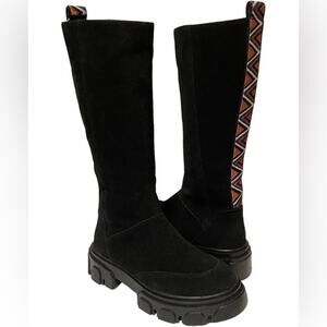 FARM Rio Women’s 6.5 Black Tall Suede Lug Sole Boots Embroidery NEW!
